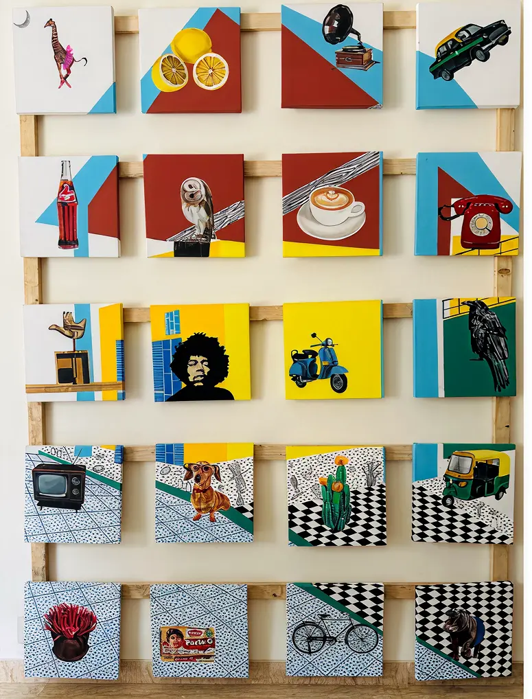 A grid of 20 colorful square canvases, each featuring a single pop-art-style object or animal—ranging from vintage electronics and street food to wildlife, vehicles, and cultural icons—set against geometric and patterned backdrops.