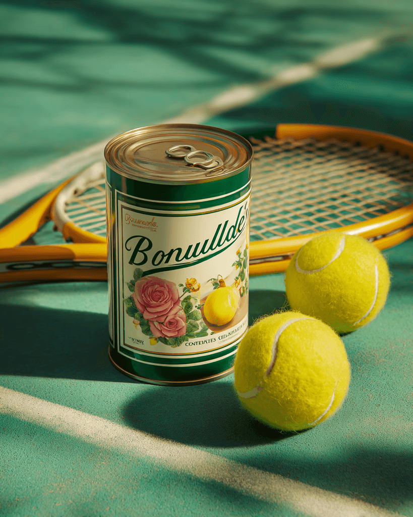 A can with floral design sits on a tennis court with two yellow tennis balls and an orange racket nearby. The scene is brightly lit and casual.