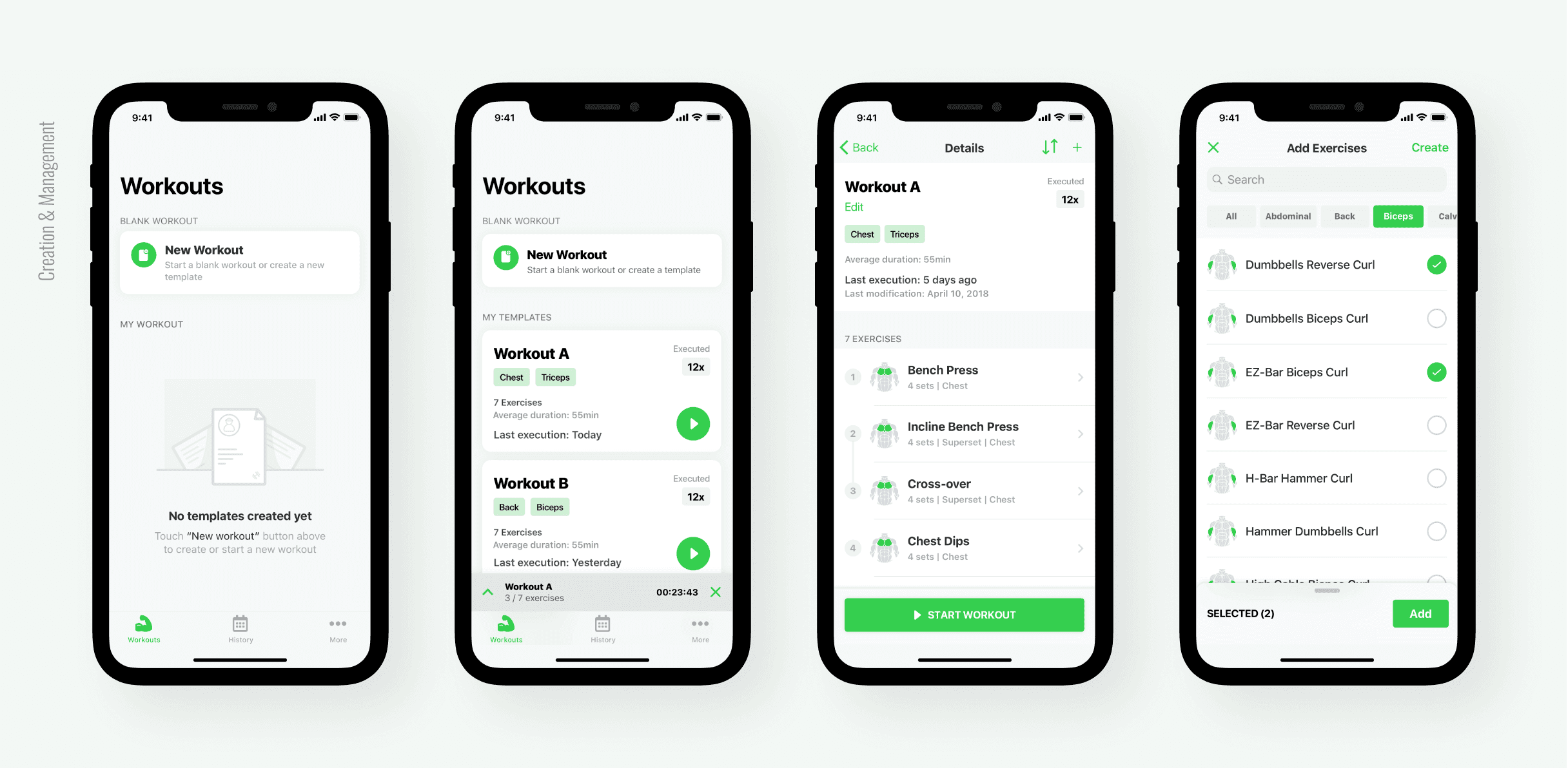 Hercules - workouts screens