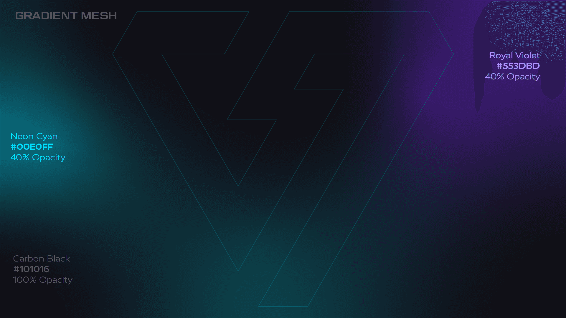 Voltaic gradient mesh blending Neon Cyan and Royal Violet glows over Carbon Black, with a faint logomark outline