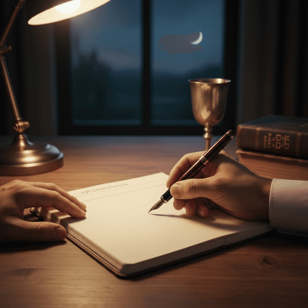 A circle of people sitting cross-legged, meditating with hands in a prayer position. Soft, warm lighting.
