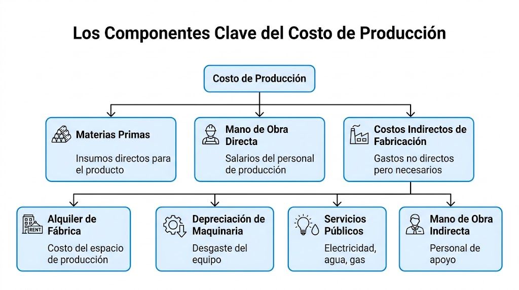 Diagrama de flujo detallado que explica los tres componentes principales del costo de producción de una empresa.