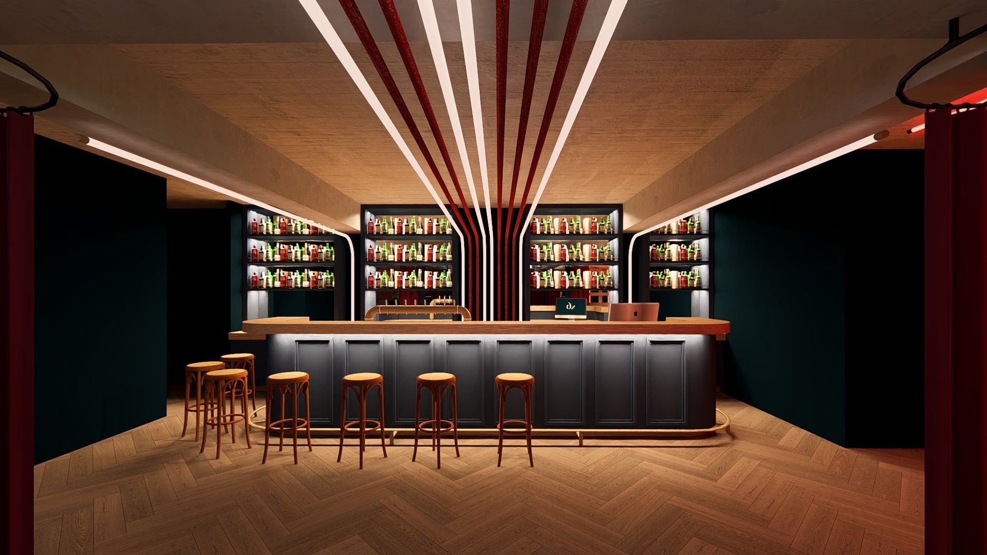 Aménagement d’un speakeasy parisien, design d’intérieur pour bar et lieu nocturne.