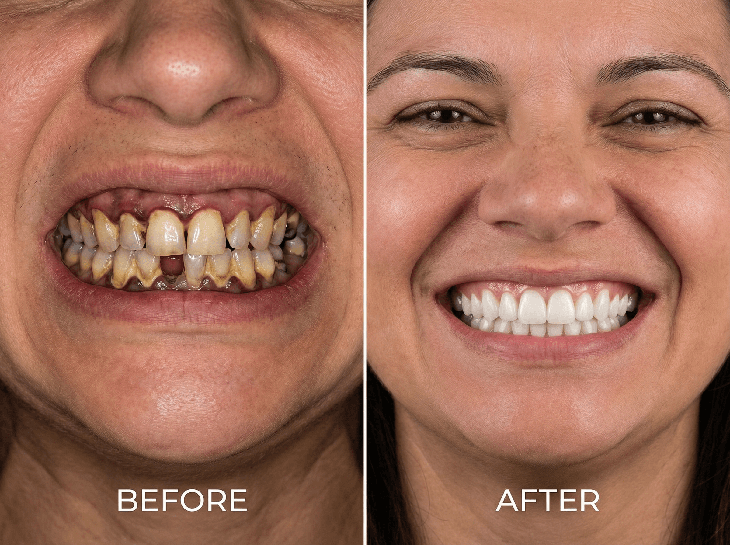 before and after dental recovery showing neglected teeth with gum disease transformed to healthy smile after treatment