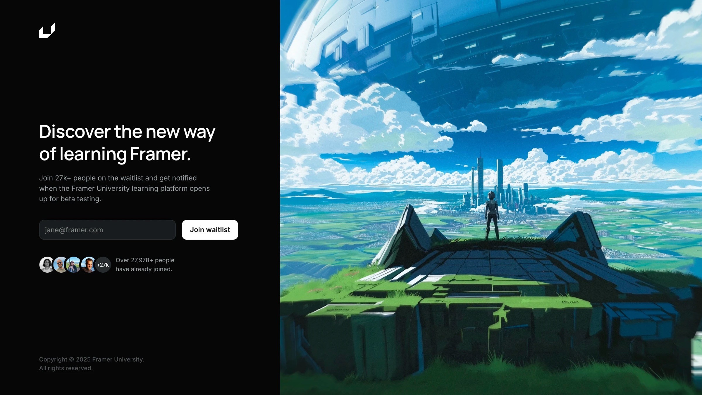 Futuristic learning platform with sci-fi cityscape and waitlist signup