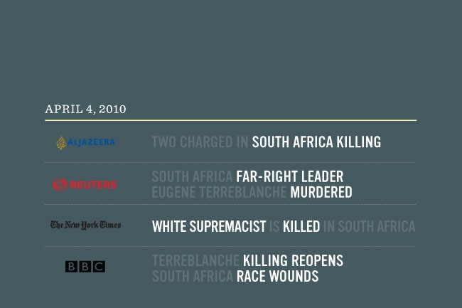 The image is a screenshot of a news page from April 4, 2010. The page displays a headline in white text on a dark gray background that reads “TWO CHARGED IN SOUTH AFRICA KILLING.” Below the headline, the page shows several news articles with headlines in white text, including “SOUTH AFRICA FAR-RIGHT LEADER MURDERED,” “WHITE SUPREMACIST KILLED IN SOUTH AFRICA,” and “TERREBLANCHE KILLING REOPENS RACE WOUNDS.” The Al Jazeera logo is visible in the top left corner, and the Reuters logo appears in the middle left. The date “APRIL 4, 2010” is displayed at the top left of the page.