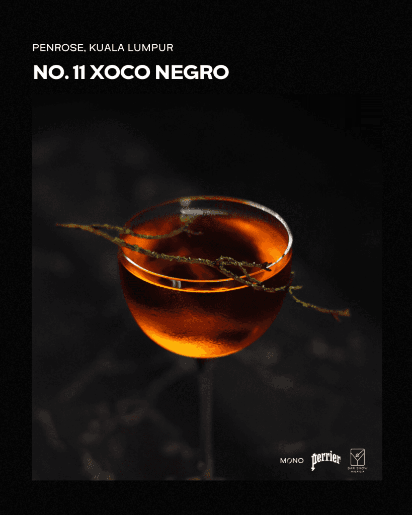 A cocktail named Xoco Negro served in a elegant glass, presented by Penrose in Kuala Lumpur. The drink is amber in color and garnished with a sprig, set against a dark background.