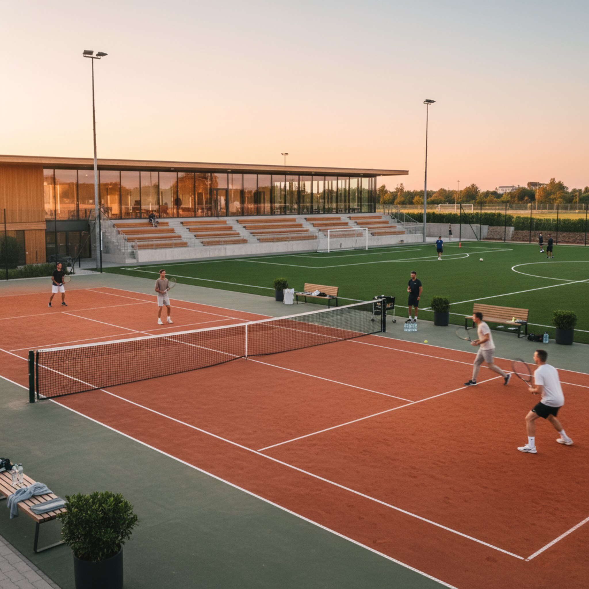 Weitläufiges Sportzentrum im Abendlicht mit Fußballfeldern, Tennisplätzen und Laufbahn, aktive Sportler, Flutlicht, lebendige Atmosphäre, realistischer Fotostil