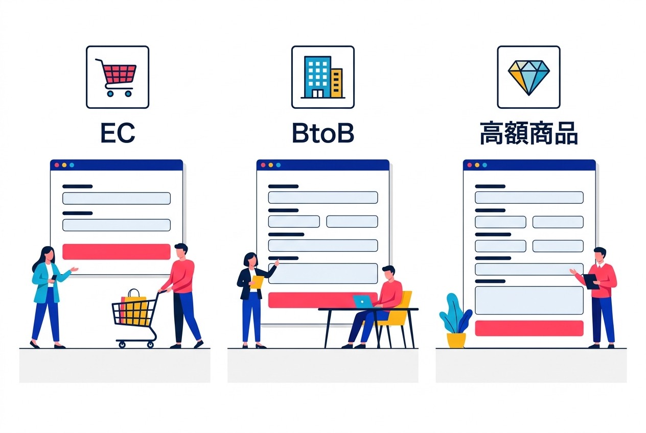 業界別フォーム設計の基本方針。ECサイトは項目数を最小限に抑え、BtoBは信頼性重視、高額商品は詳細確認を経て購入完了に導く設計が効果的。