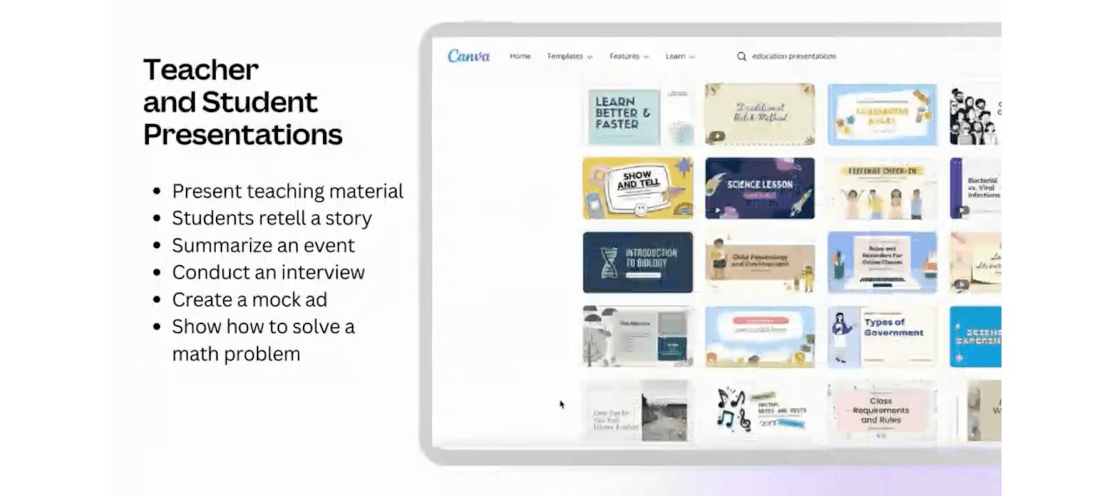 Laptop screen shows Canva's presentation templates with educational themes. Text on left lists uses for teacher and student presentations: teaching, storytelling, summarizing events, interviews, mock ads, and solving math problems.