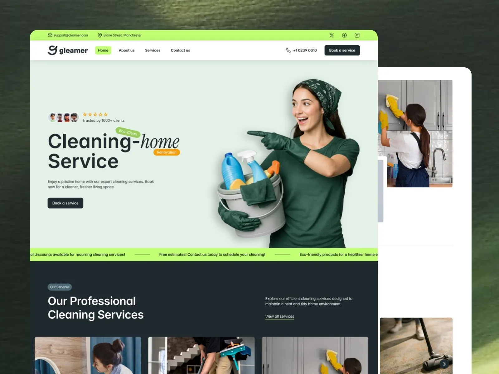 Gleamer professional cleaning service template with hero image, booking button, and service listings section.