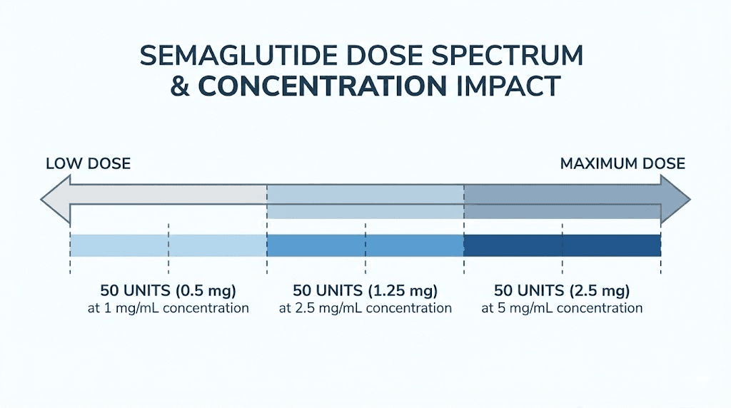 Semaglutide dose spectrum showing 50 units position at various concentrations
