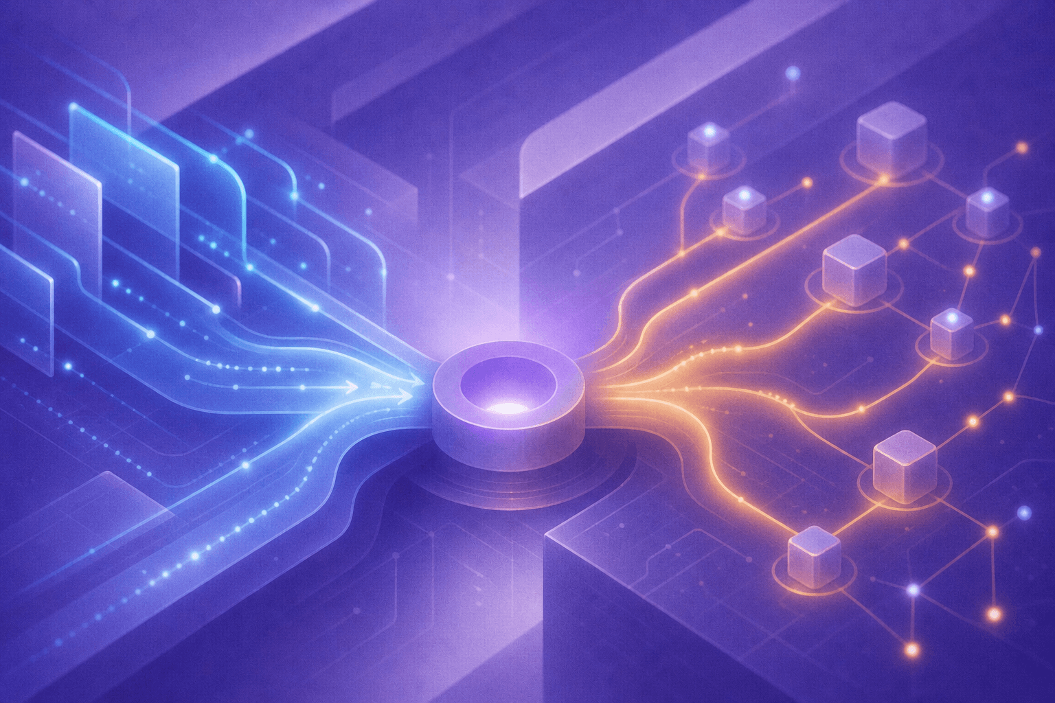 A sleek futuristic illustration of AI-powered sales automation: two parallel flowing pipelines side by side, one glowing blue representing inbound lead flow with signals converging toward a central hub, and one glowing orange representing outbound prospecting with signals radiating outward to a network of connected nodes. Abstract circuit-like patterns and data streams in the background, modern clean aesthetic, no text or labels anywhere in the image