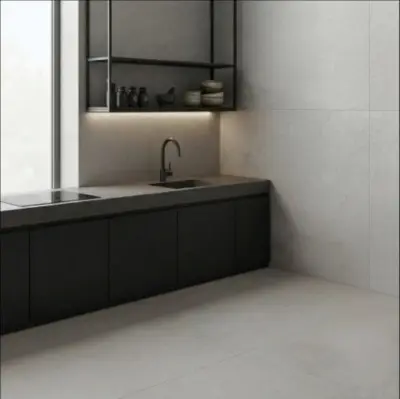 Porcelanato Modus Art Hueso 60×60 rectificado colocado en una cocina