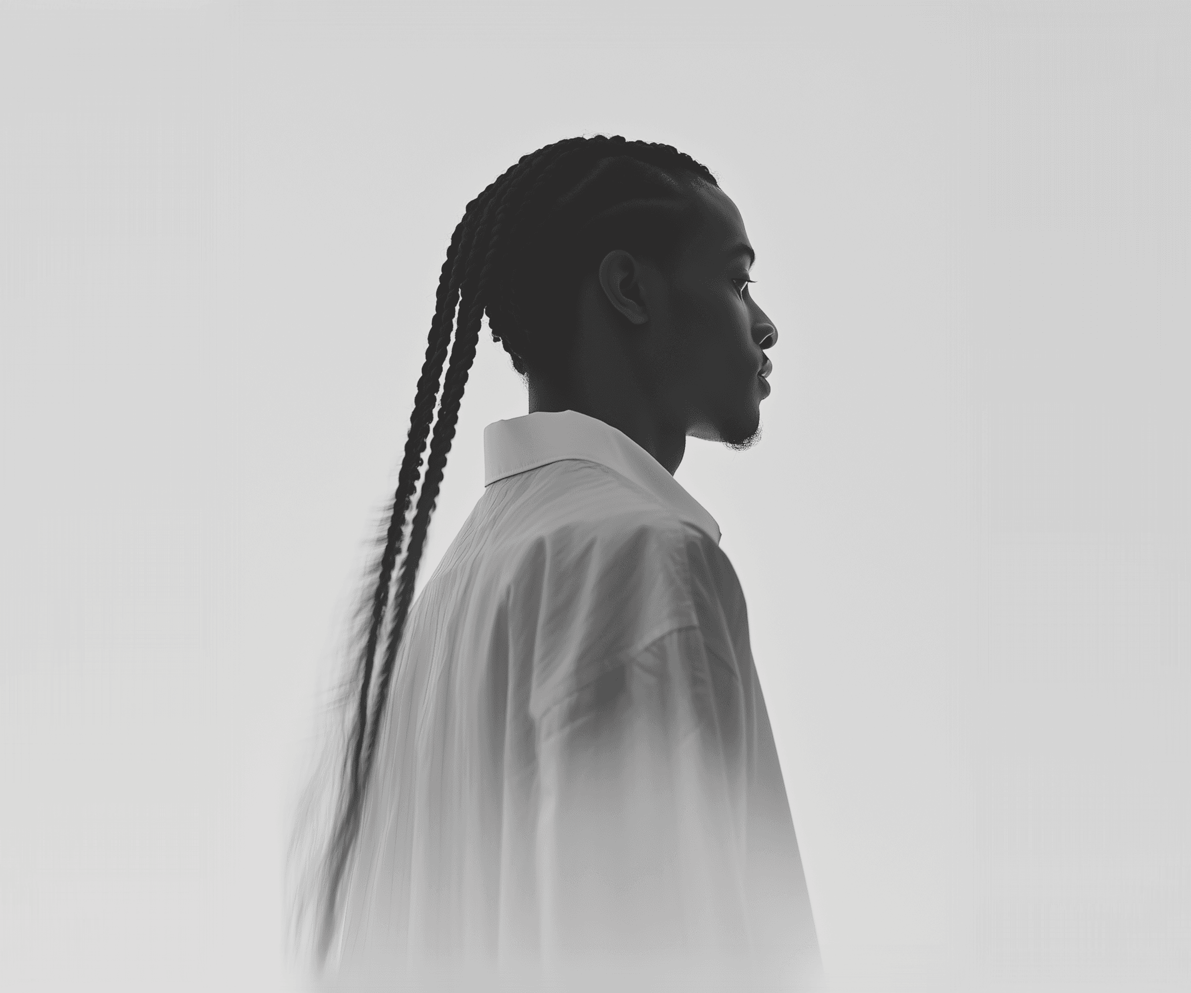 Minimalist profile shot of a man with long braids and a white shirt, set against a soft, light background.