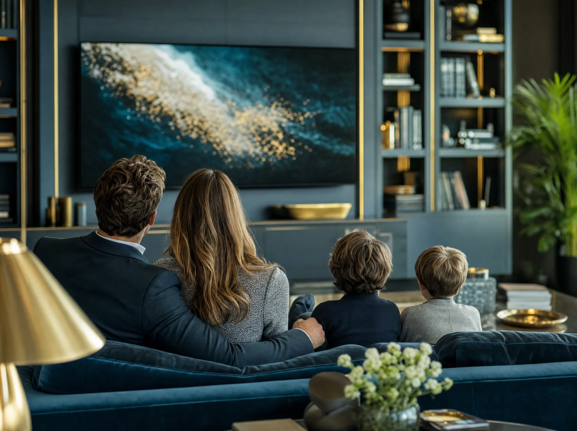 Familie schaut einen Streamingdienst im Wohnzimmer (KI-generiert)