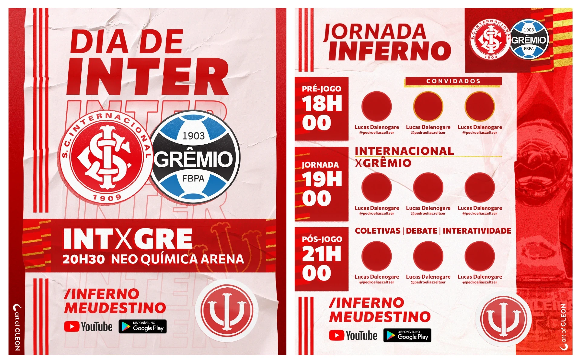 Two red-and-white match-day cards over creased paper. “Dia de Inter” features Internacional and Grêmio crests above the fixture, time and stadium. “Jornada Inferno” arranges the pre-game, live commentary and post-game schedule beside guest portraits.