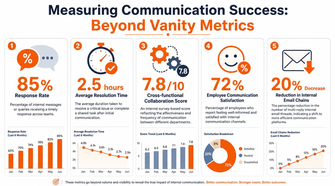 An infographic titled Measuring Communication Success displaying five key performance metrics for internal organizational communication analysis.