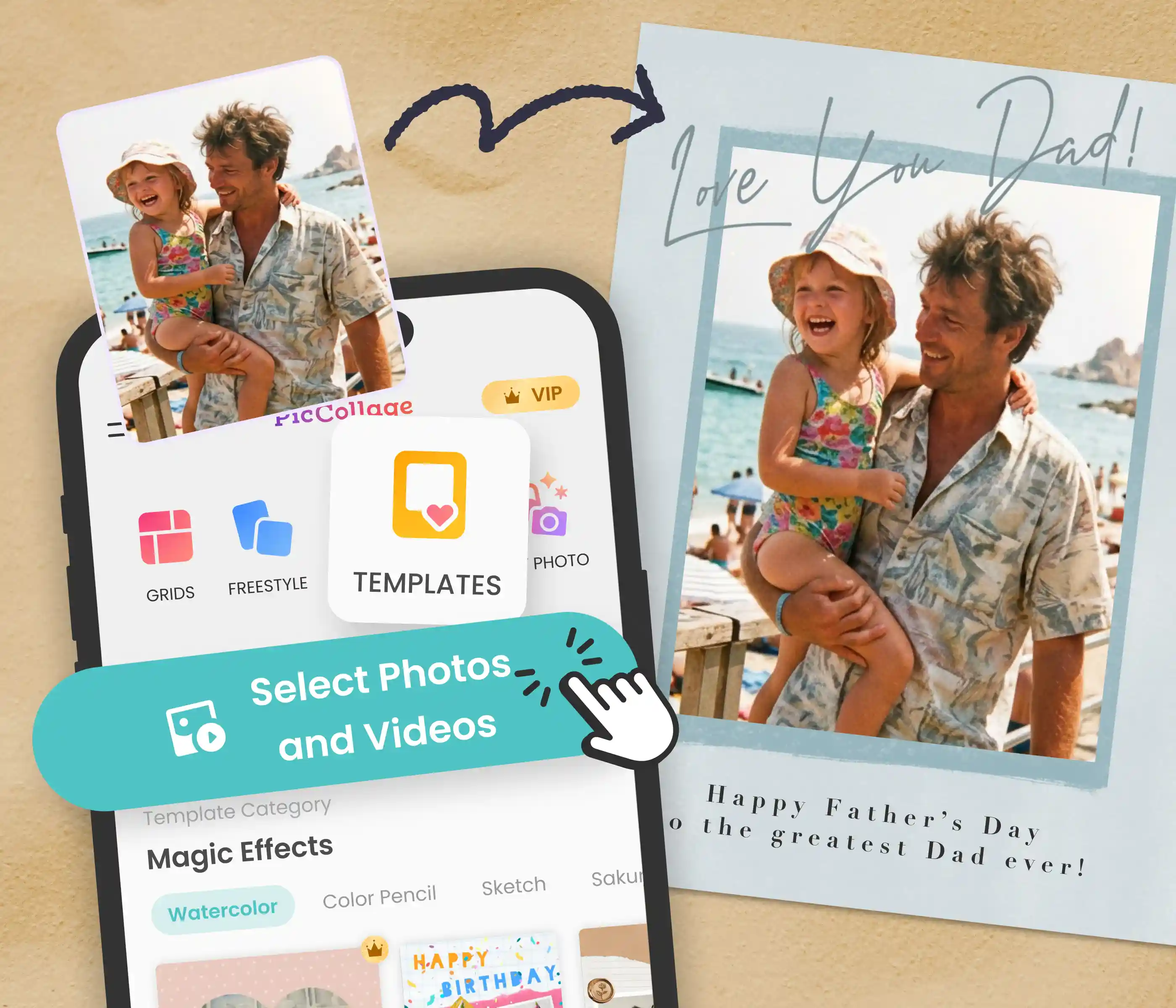 PicCollage app photo picker open next to a finished blue Father's Day card reading 'Love You Dad' with a beach photo.
