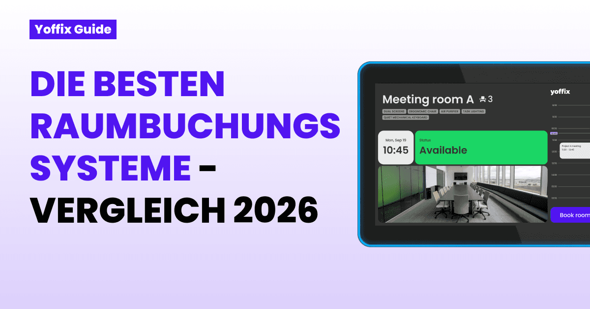 Yoffix Kaufratgeber 2026 für Raumbuchungssysteme: Display-Panel mit Echtzeit-Verfügbarkeit, Raumattributen und Ein-Klick-Buchungsoption für moderne Hybridbüros im Überblick.