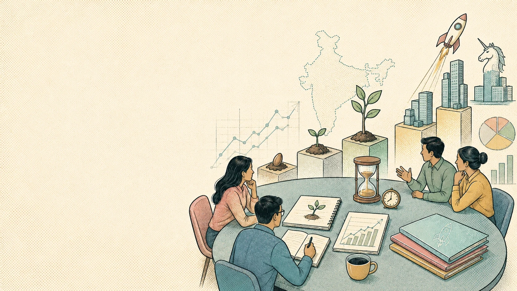 Investors seated around a roundtable discuss growth projections, market cycles and startup scale in India.