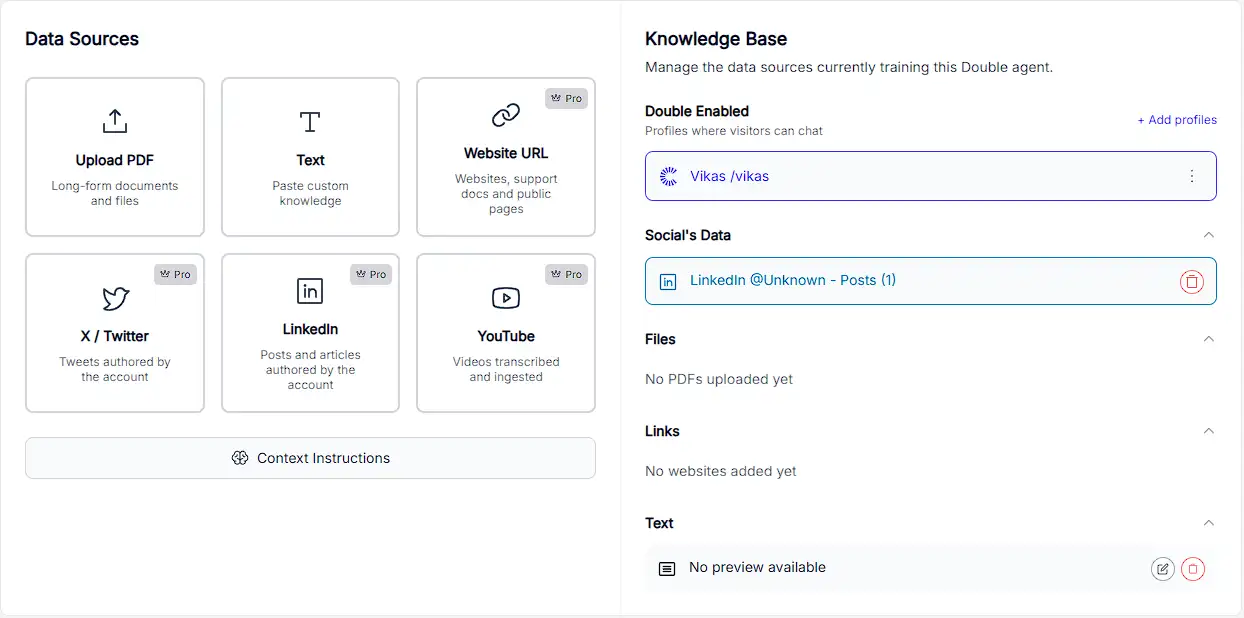 Knowledge base dashboard to manage all the info that you feed to your AI Twin