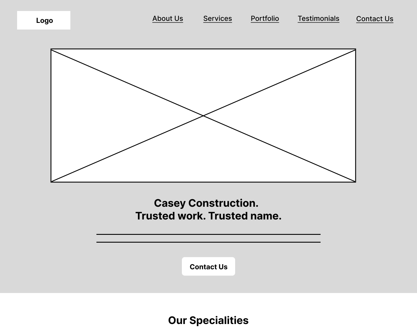 A low-fidelity wireframe of the website header and hero section, using placeholders for images and text to plan the layout and information architecture.