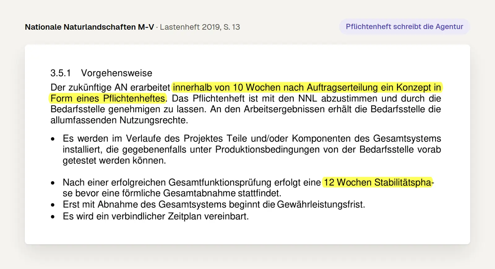 Ausschnitt aus dem Lastenheft Nationale Naturlandschaften Mecklenburg-Vorpommern 2019, Seite 13: Auftragnehmer erarbeitet innerhalb von 10 Wochen ein Pflichtenheft