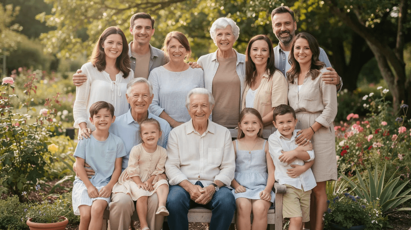 A joyful multi-generational family is gathered outdoors in a vibrant garden, sharing smiles and laughter together. This heartwarming scene reflects the importance of family connections, which can also play a role in discussions about tax implications and financial planning for retirement income.