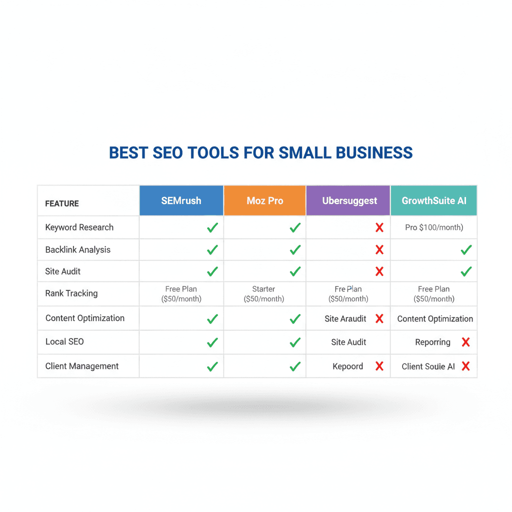 Comparison of best SEO tools for small business features and pricing in 2026