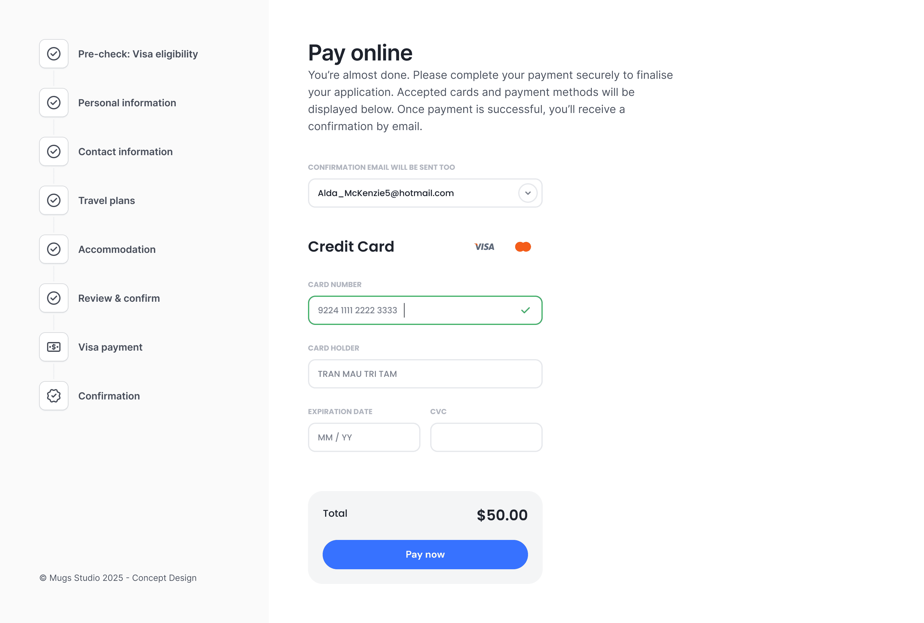 Payment step showing credit card fields, total cost, and a secure “Pay now” button.