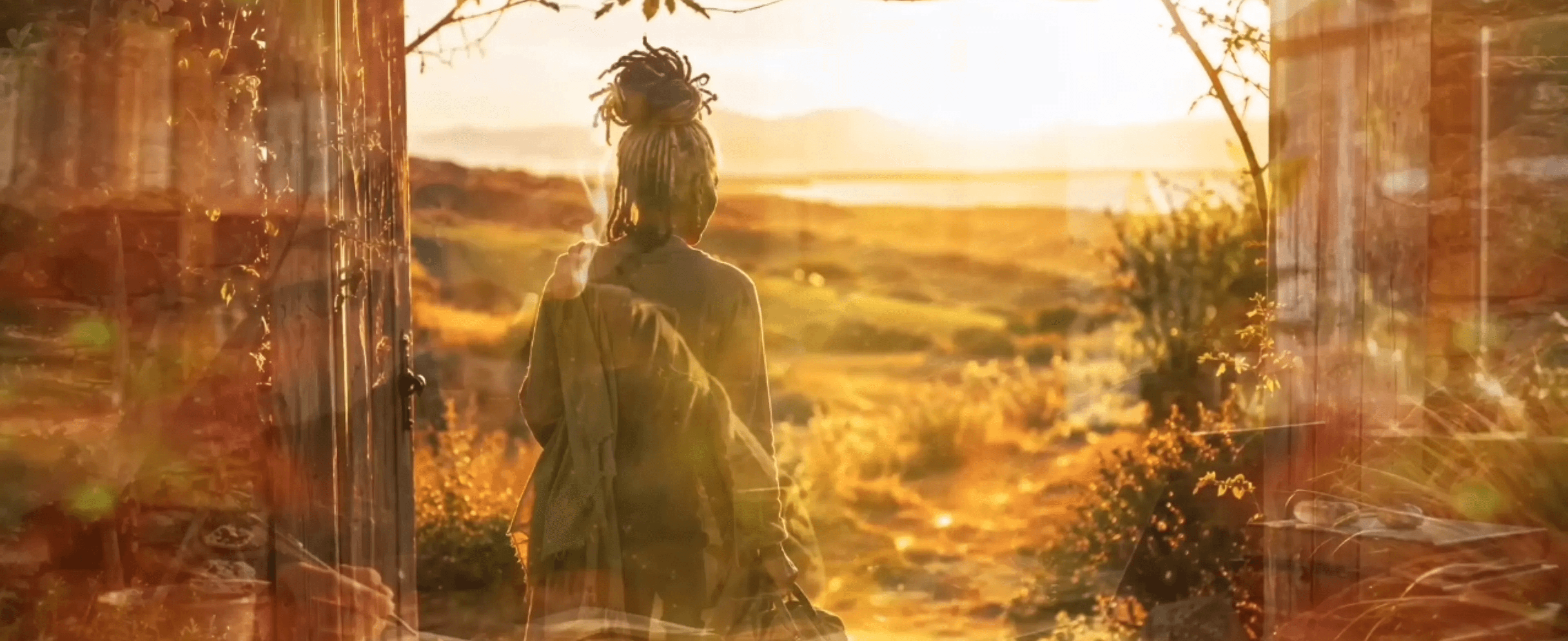 Woman standing in a rustic doorway, looking out over a warm sunlit landscape at golden hour.