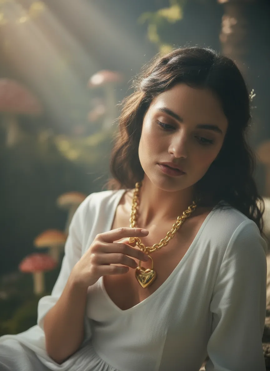 scene4-ai product photography-jewelry necklace campaign creation-featuring a high fashion model in a fairytale setting-4