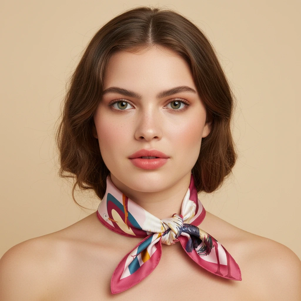 Carré en soie – cigogne debout plumage détaillé jaune, bleu et bordeaux sur fond rose aux arches teal
