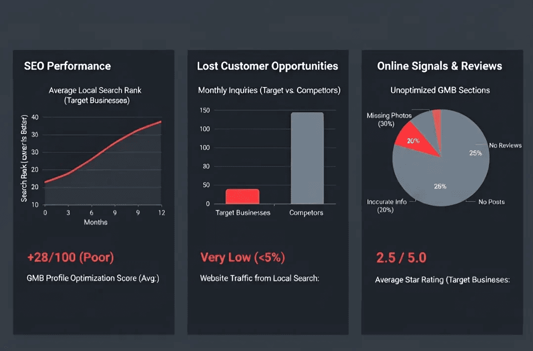 Local SEO strategy insights dashboard displaying SEO performance growth curve, lost customer opportunities analysis vs competitors, and GMB profile optimization score metrics demonstrating data-driven local marketing strategy