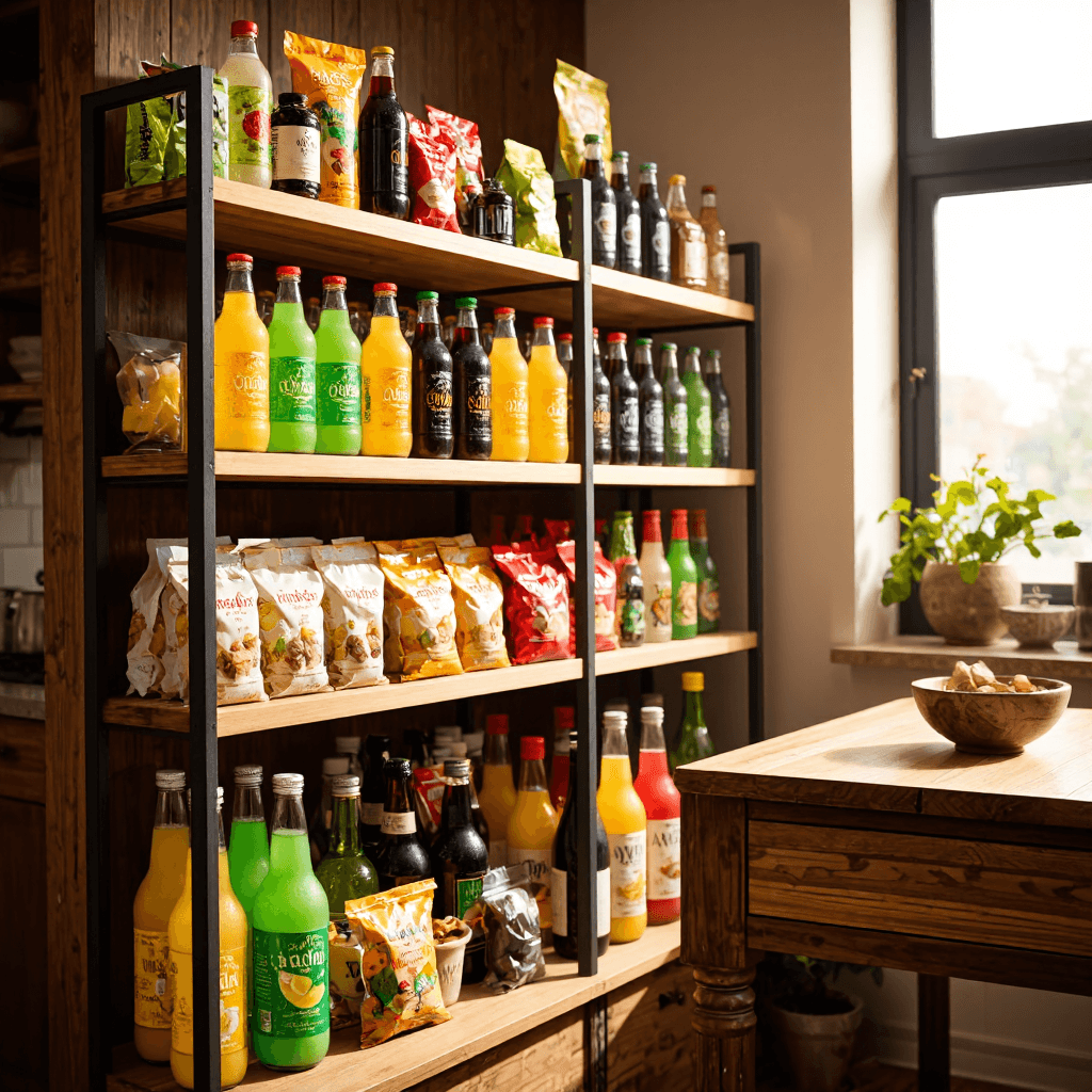 product photography of a display shelf of beverages and snacks