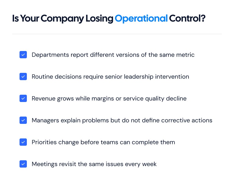Checklist of warning signs that a growing company is losing operational control