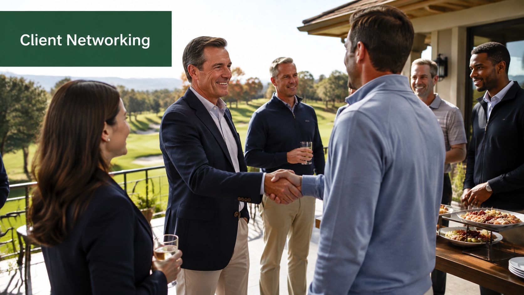 A professional group of diverse colleagues shaking hands at a sunny corporate networking event outdoors.