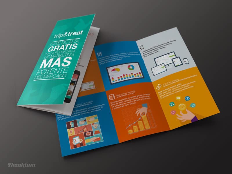 Folleto de marketing de trip&treat con gráficos y promociones para plataforma en línea.