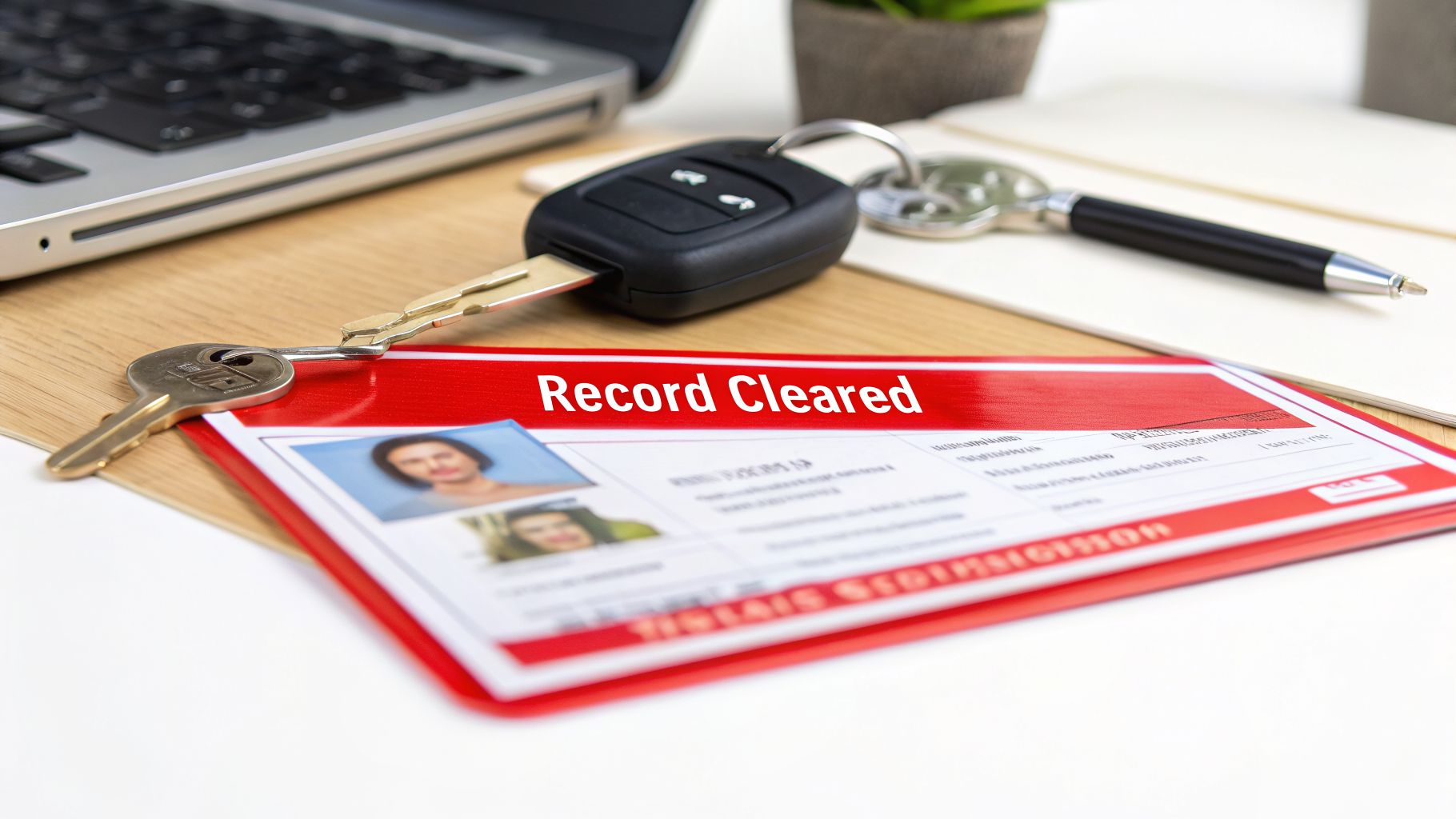 Car keys and a house key rest on a red document with 'Record Cleared' on a desk.