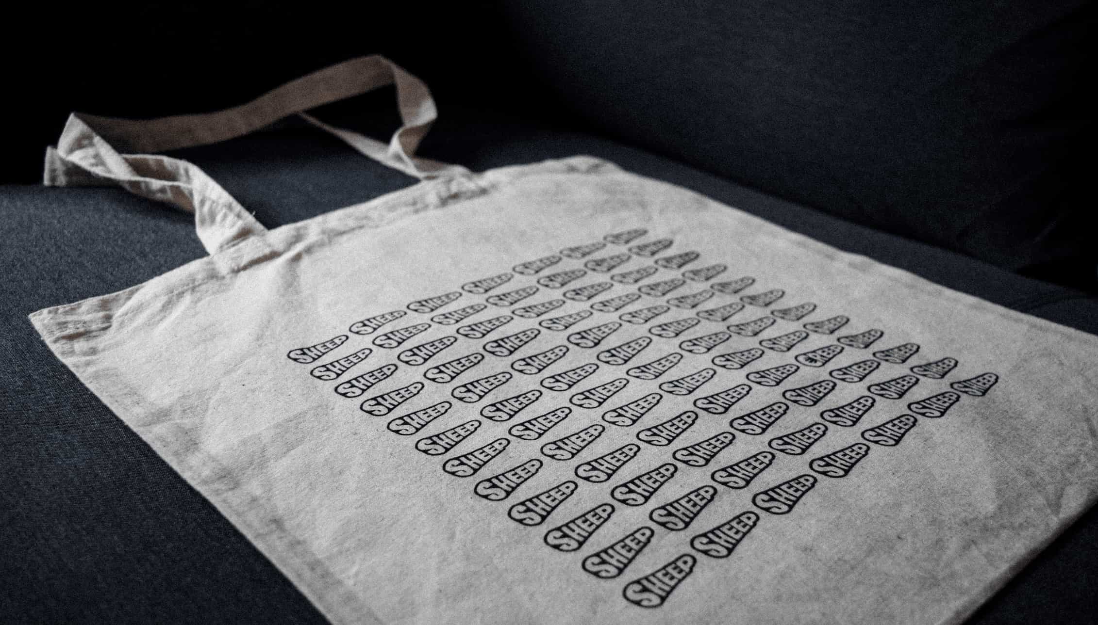 creep sheep concept on totebag in black & white.