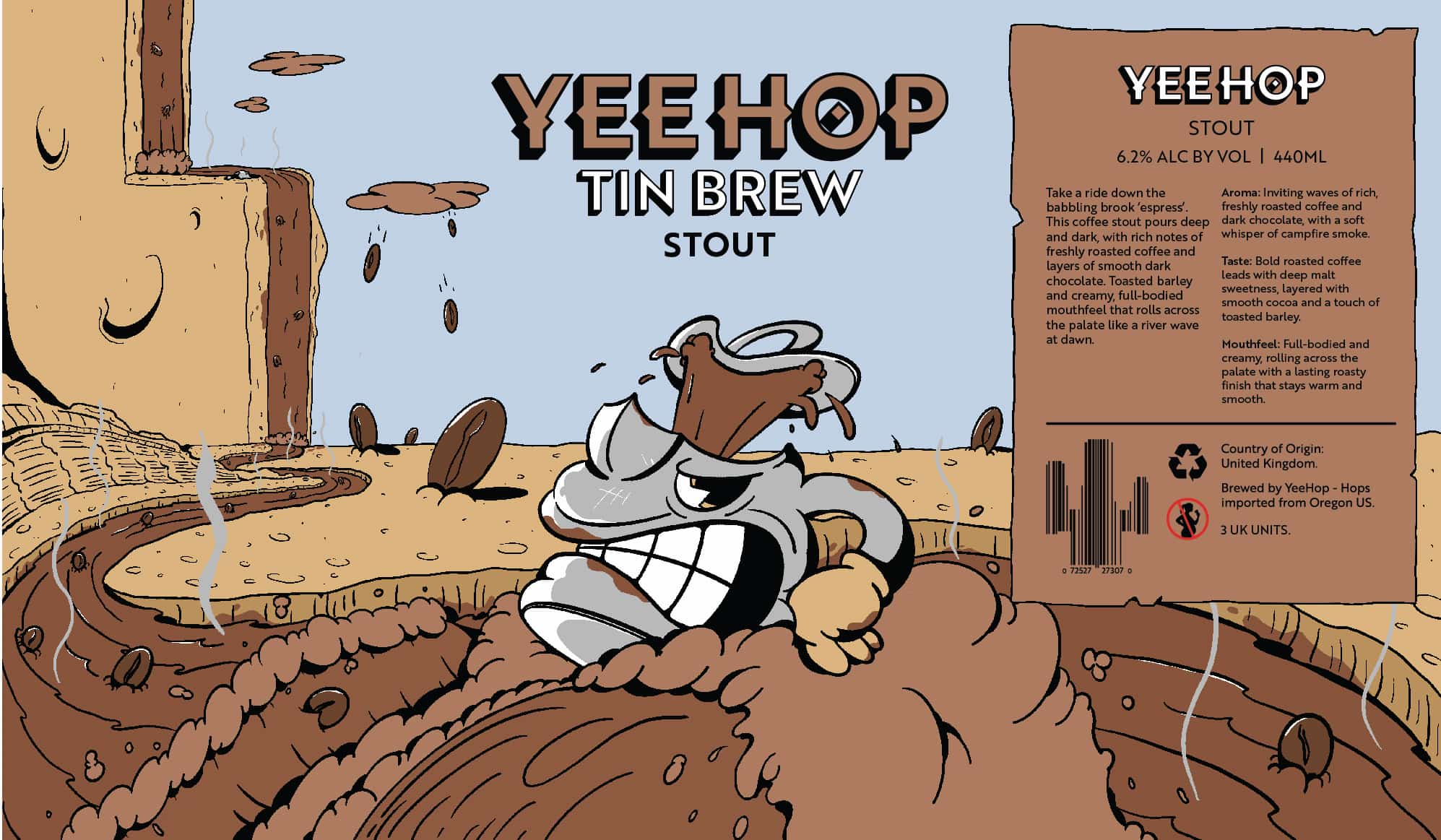 Yeehop Tinbrew Stout label artwork, featuring a playful rubber-hose–style artwork of a kettle character floating down a river of coffee beans in the wild west.