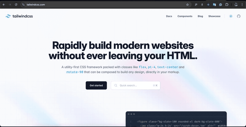 Homepage of Tailwind CSS, one of the top 5 best CSS frameworks for responsive website design.