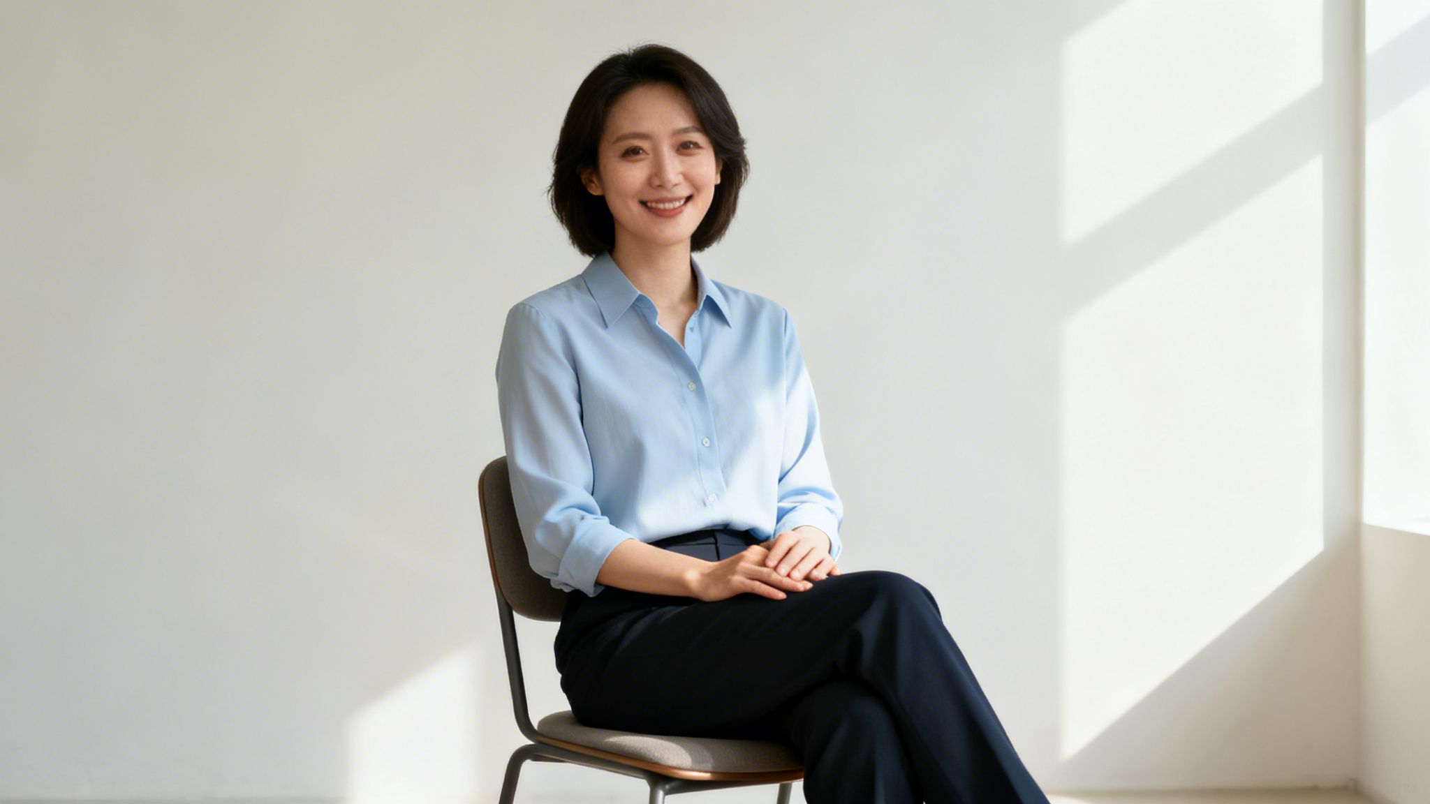 Professionelles Porträt einer lächelnden asiatischen Frau in hellblauem Hemd auf einem Stuhl.