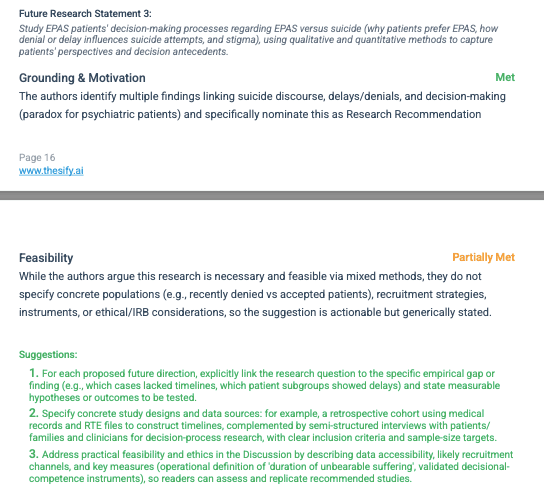 thesify feedback on future research suggestions flagging feasibility as partially met