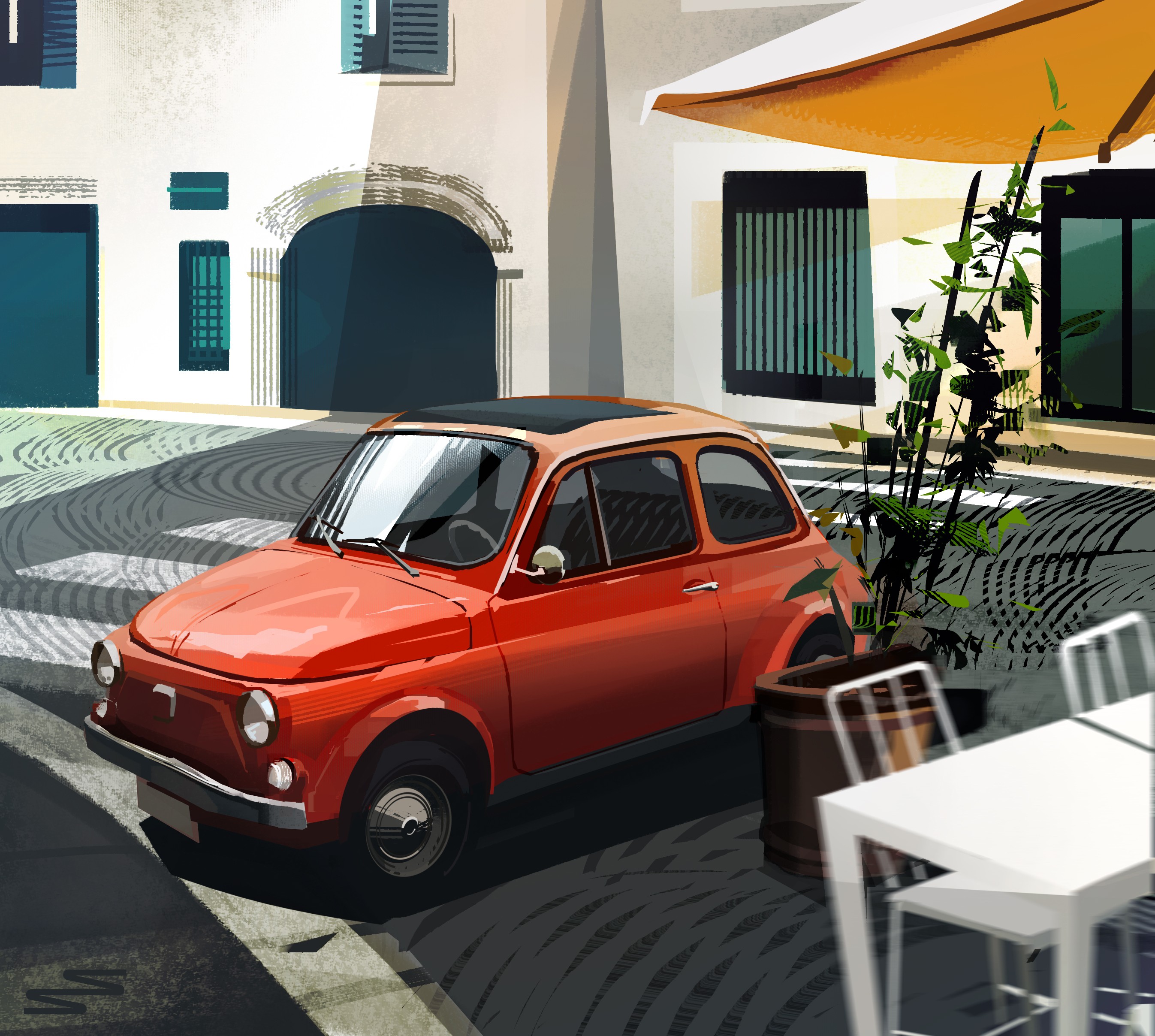 Vibrant and modern illustration of an original fiat 500 parked on the streets of Rome 