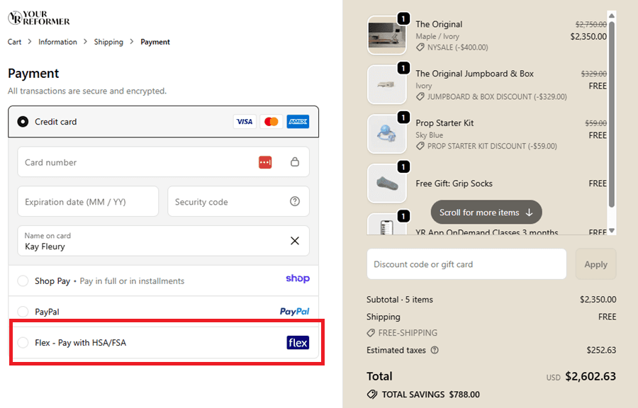 Your Reformer checkout option to pay with Flex