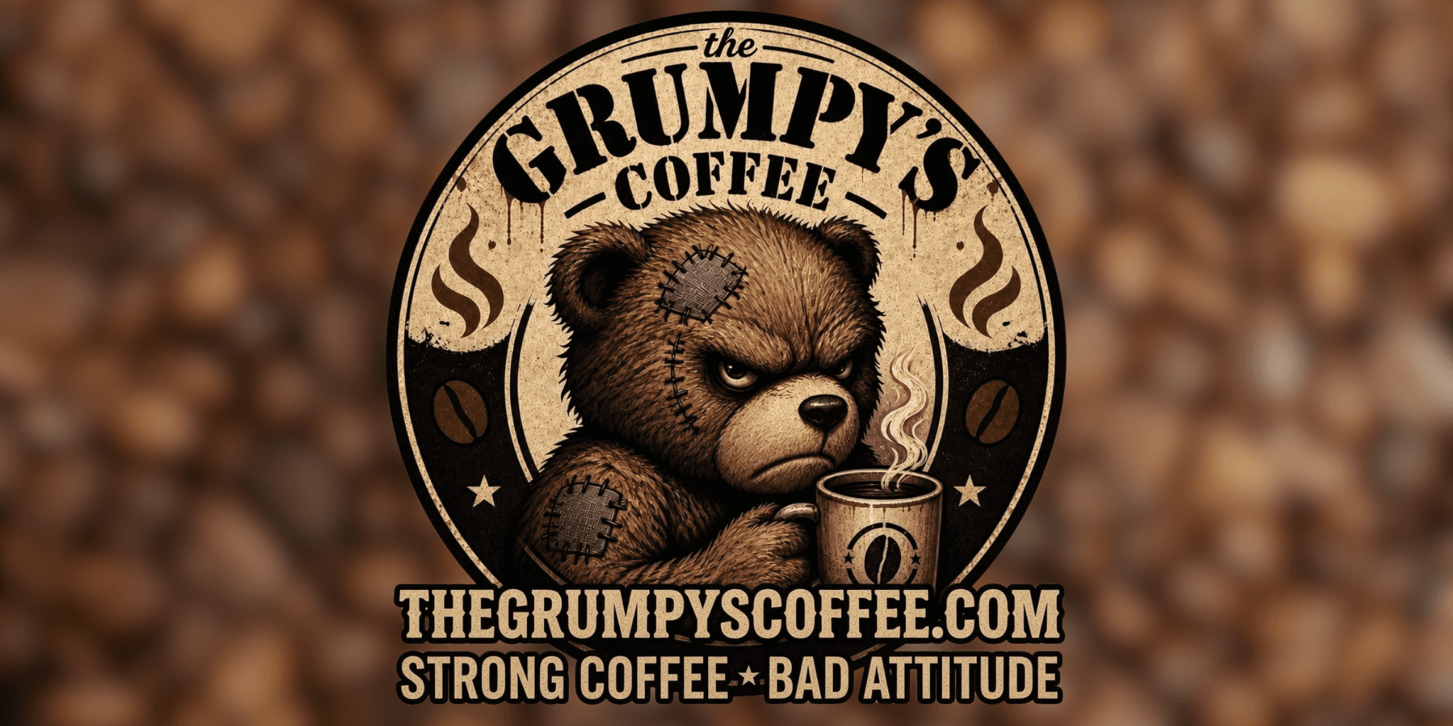 Vintage-style Grumpy’s Coffee logo featuring angry teddy bear holding steaming coffee mug.