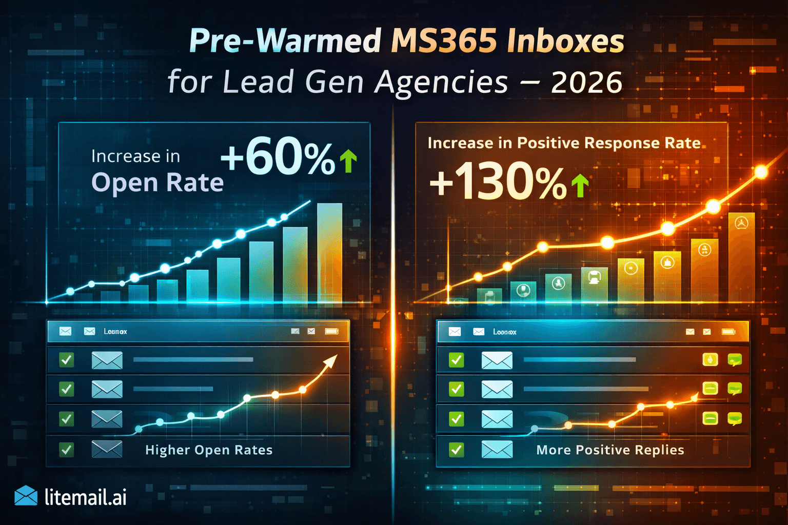 how pre-warmed inboxes improve cold email deliverability in 2026, featuring a laptop warming up email reputation, rising graph, envelopes with checkmarks, and a rocket symbolizing improved performance.