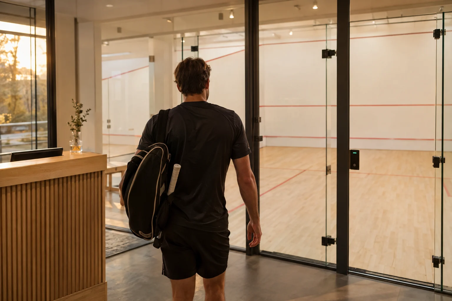 Spieler kommt im Squashclub an